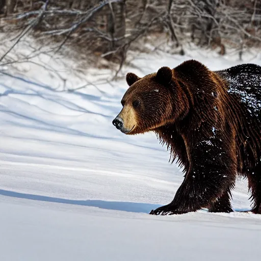 Image similar to Photorealistic photograph of a bear in snow by Sergey Gorshkov, photorealism, photorealistic, realism, real, highly detailed, ultra detailed, detailed, f/2.8L Canon EF IS lens, Canon EOS-1D Mark II, Wildlife Photographer of the Year, Pulitzer Prize for Photography, 8k