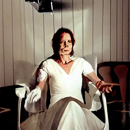 Prompt: a woman in a white dress sitting in a chair, concept art by john carpenter, volumetric lighting, hypermodernism, criterion collection