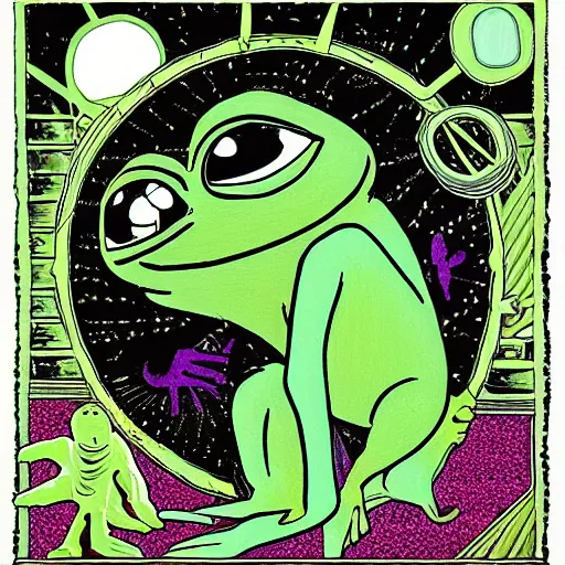 Prompt: pepe the frog being abducted by aliens in the living room of a house, floating dark energy surrounds them. there is one plant to the side of the room, surrounded by a background of dark cyber mystic alchemical transmutation heavenless realm, fish eye lens, cover artwork part by patrick nagel, part by virgil finlay, palette knife texture, highly detailed