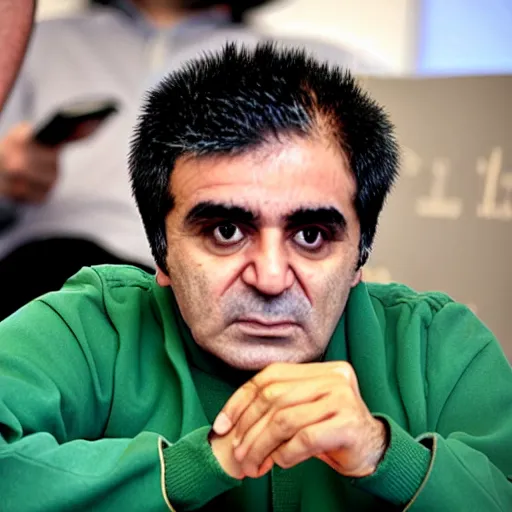 Image similar to jafar panahi, clean shaven, wearing a green tracksuit and gold necklace with large star shaped gold medallion