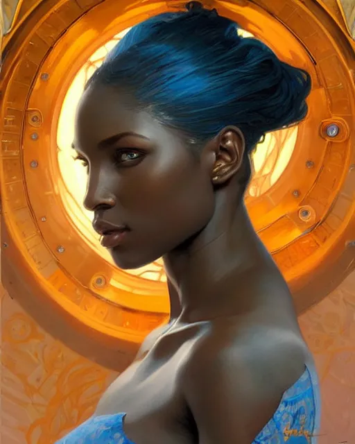 Image similar to Portrait of very very very very very very beautiful nigerian woman, spacesuit, blue eyes, real life skin, intricate, elegant, highly detailed, artstation, concept art, smooth, sharp focus, art by artgerm and greg rutkowski and alphonse mucha