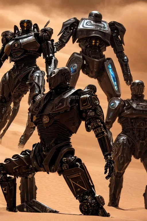 Image similar to cinematic still in dune movie and pacific rim movie and ps 5 game machine warrior 5, intricate ornate humanoid mecha warrior,