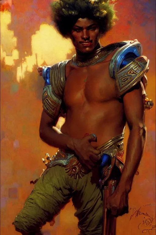 Image similar to attractive male, character design, colorful, afrofuturism, painting by gaston bussiere, craig mullins, j. c. leyendecker