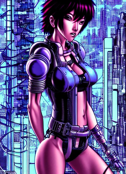 Image similar to motoko kusanagi in grungy cyberpunk megacity, intricate and finely detailed, cyberpunk vaporwave, portrait by j scott campbell