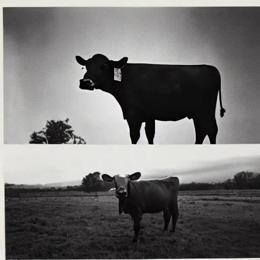 Prompt: vintage photo of a cow being abducted by aliens