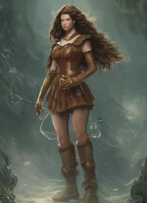 Image similar to beautiful female dorothy gale, rebecca romijn as dorothy, full body character concept, full leather armor, super powers, fantasy, intricate, elegant, highly detailed, digital painting, artstation, concept art, shining, sharp focus, illustration, art by stanley lau