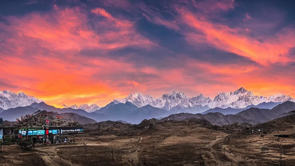 Prompt: sunset moody picture of the Himalayan mountain range with a large McDonalds restaurant in the middle of the picture disturbing the view, large-format landscape photography