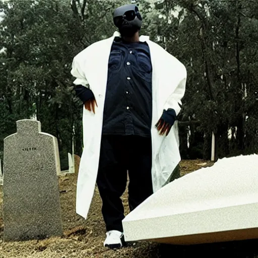 Image similar to rapper MF DOOM standing next to a hollowed out grave and coffin