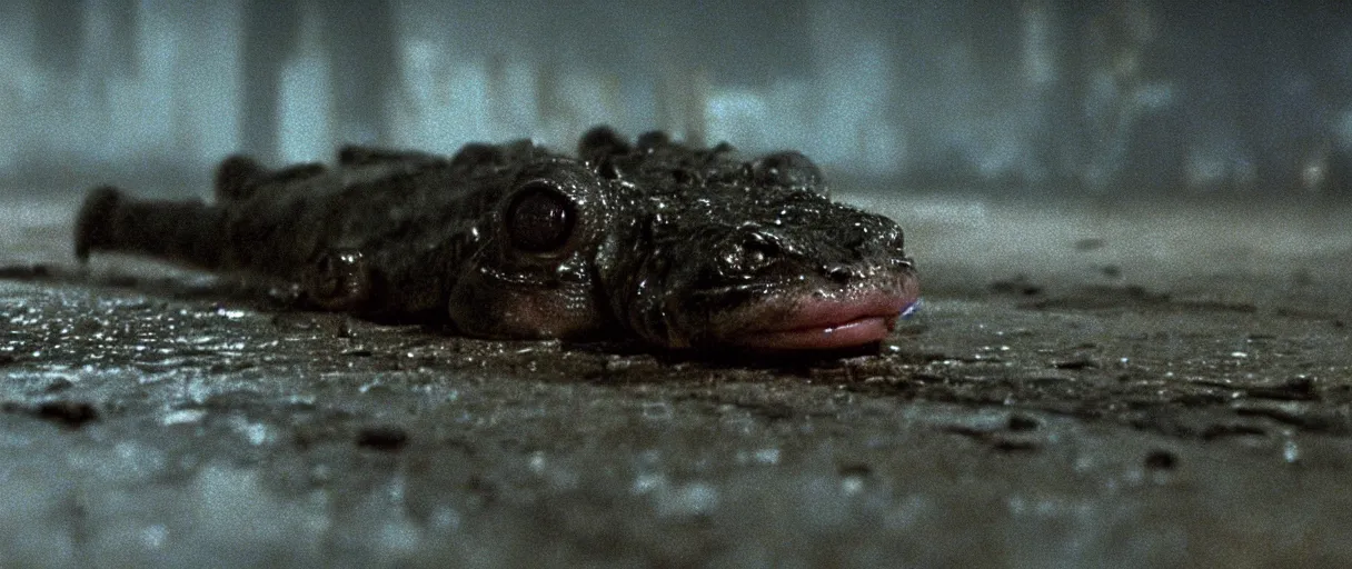 Prompt: Close up of a lone happy Lepidobatrachus laevis sitting on the floor and facing the camera in a still from the movie Blade Runner (1982), high quality, rain, rain drops, cold neon lighting, 4k, night, award winning photo, beautiful, cute