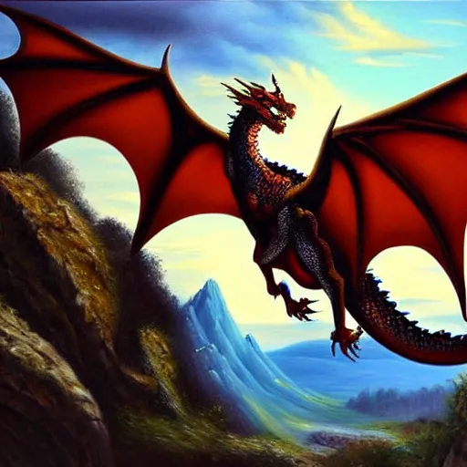 Image similar to beautiful oil painting of a dragon guarding a cave in mountain