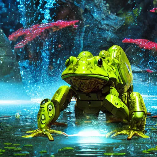 Image similar to amphibious toad mech stepping out of a pond with a lazer rifle dripping water. film still. brightly lit scene. this 4 k hd image is trending on artstation, featured on behance, well rendered, extra crisp, features intricate detail, epic composition and the style of unreal engine, national geographic, bandai box art.