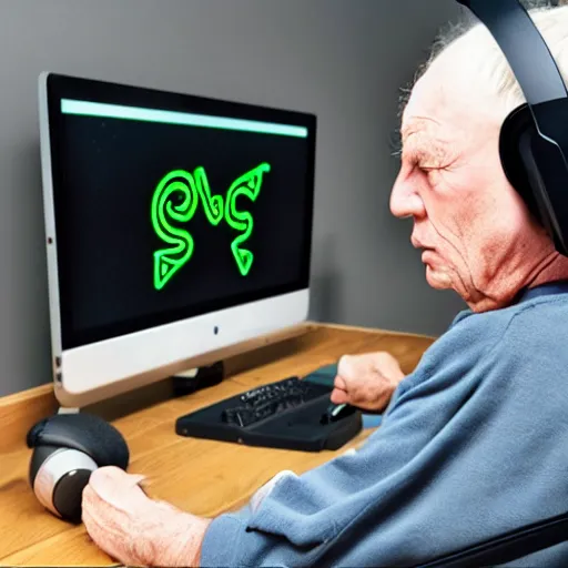 Image similar to very angry old man playing a game on a PC, razer gaming headset and chair