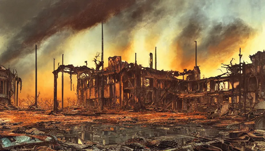 Image similar to A detailed render of a post apocalyptic scene of the whitehouse ruined and devastated by fires, burned down rusty Moscow buses in flood water, sci-fi concept art, by Syd Mead, highly detailed, oil on canvas