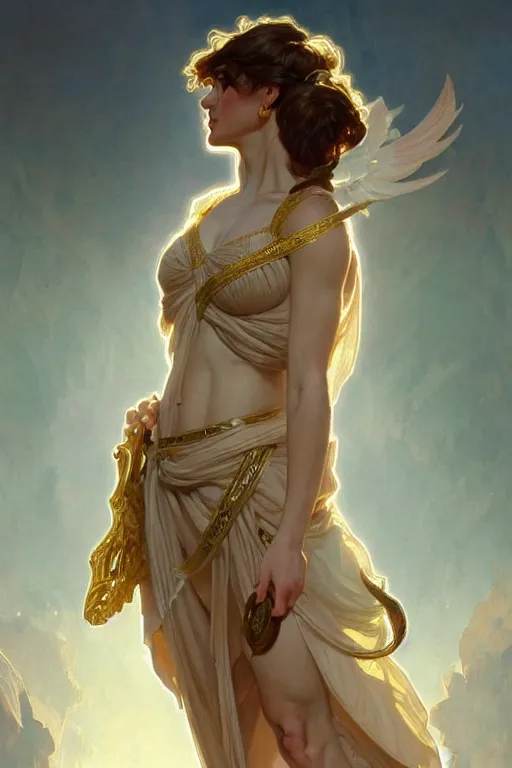 Prompt: Kelly Sue Deconnick as a beautiful Greek Goddess, gorgeous, amazing, fit, very feminine body, intricate, highly detailed, digital painting, artstation, concept art, sharp focus, illustration, art by greg rutkowski and alphonse mucha