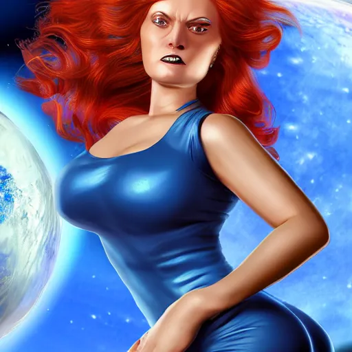 Prompt: space redhead in a tight blue dress with a planet in the background holding a laser gun up, realistic mouth, realistic, high definition, detailed and symetric face, detailed and realistic hands, expressive eyes, 4 k, shimmering color, epic digital art