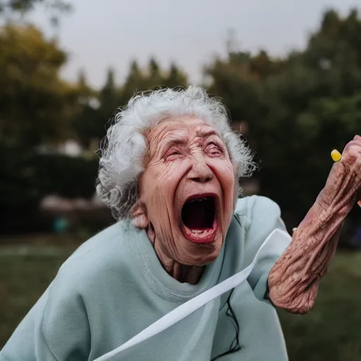 Image similar to elderly woman screaming at a balloon, canon eos r 3, f / 1. 4, iso 2 0 0, 1 / 1 6 0 s, 8 k, raw, unedited, symmetrical balance, wide angle