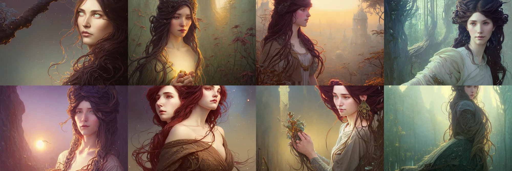 Image similar to highly detailed portrait of a woman with long hairs, stephen bliss, unreal engine, fantasy art by greg rutkowski, art nouveau, loish, rhads, ferdinand knab, makoto shinkai and lois van baarle, ilya kuvshinov, rossdraws, tom bagshaw, alphonse mucha, global illumination, radiant light, detailed and intricate environment