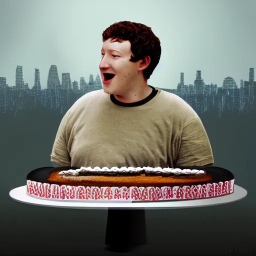 Image similar to Matte painting of obese Mark Zuckerberg eating Cake