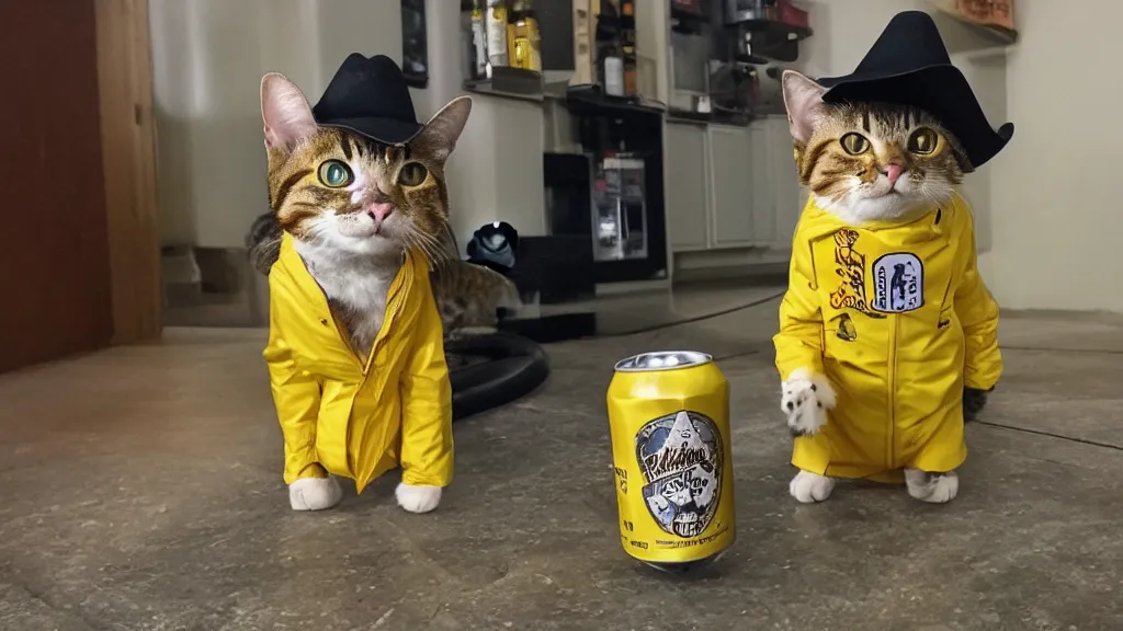 Prompt: A cat wearing a yellow raincoat and a cowboy hat, stealing a six-pack of beer