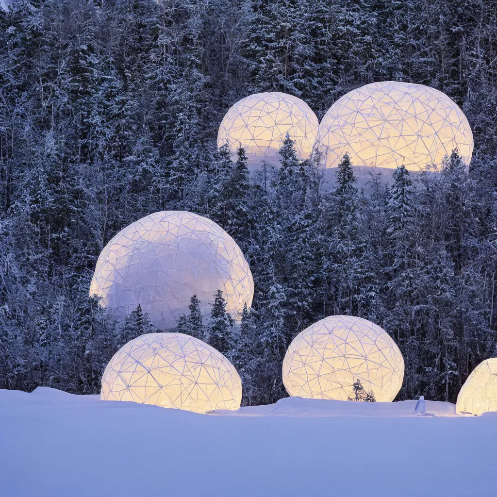 Prompt: A night photo of a glowing inflatable geodesic house made of clear plastic sheeting. In the foreground, A family is playing in the snow. The bubble house glows from within with warm light. The inflated bubble house is at the edge of a snowy winter forest. Coronarender, 8k, photorealistic