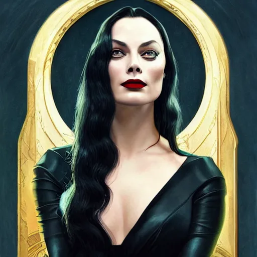 Image similar to margot robbie as morticia addams, masterpiece, intricate, elegant, highly detailed, digital painting, artstation, concept art, smooth, sharp focus, illustration, art by artgerm and greg rutkowski and alphonse mucha and uang guangjian and gil elvgren and sachin teng, symmetry!!