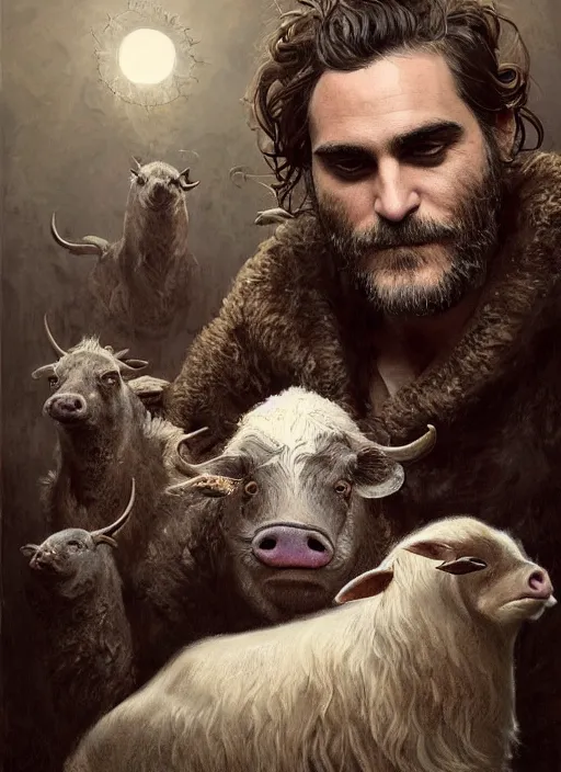 Image similar to a hyper detailed painting of joaquin phoenix surrounded by animals, cow horns, pig nose, sheep wool, chicken feather armor, horror, by anna podedworna, by miklos ligeti, by diego maricato, by taran fiddler, by antonino truisi, by chris reddie, by jinsung lim, trending on artstation