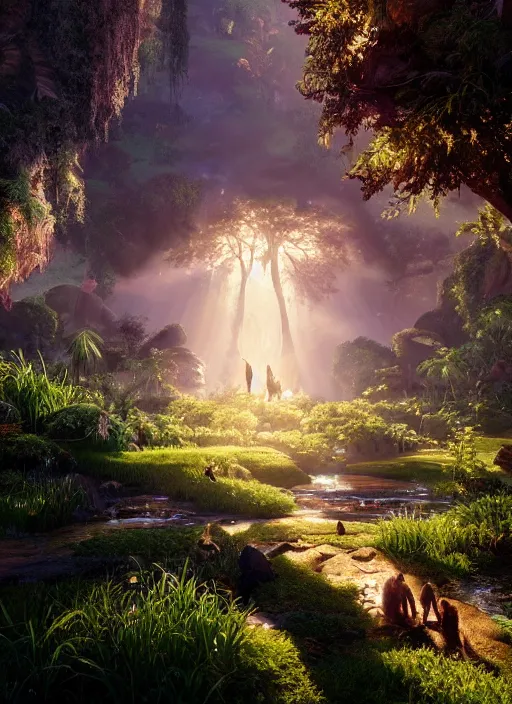 Image similar to beauteous sumptuous, with incredible indirect soft cinematic lighting, garden of eden, crystalline masterpiece incrustations, hyperdetailed features, movie still, intricate, octane render, cinematic forest lighting, unreal engine, crepuscular rays, god rays