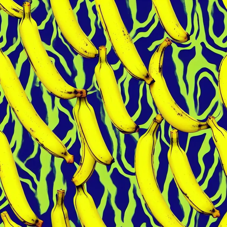 Image similar to bananas by andy warhol emerging from illusory motion dazzle camouflage perlin noise optical illusion