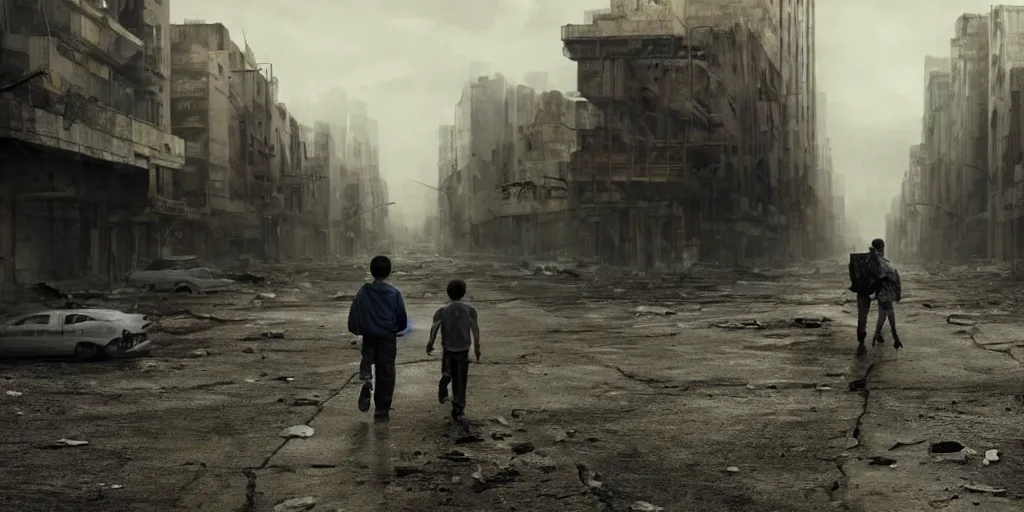 Prompt: A young boy and his father walk down a long road in a grey, ruined, post apocalyptic city, cinematic