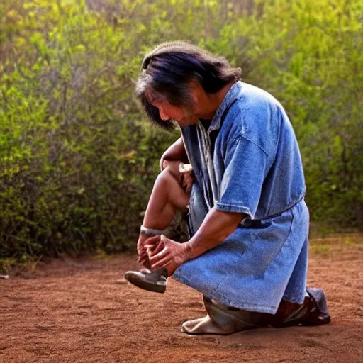 Image similar to native american kneeling down looking at the ground, looks like pixar movie, detailed