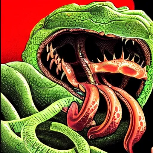 Image similar to a close up illustration of an aggressive copperhead snake with its fangs and tongue showing. illustrated in the style of hardy boys book covers by illustrator gino d ’ achille