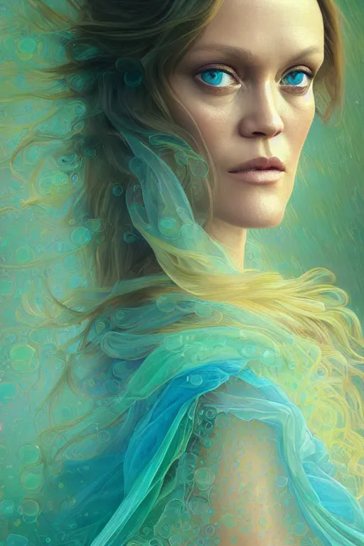 Prompt: portrait of vanessa paradis, fantasy, gradient white blue green, dreamy and ethereal, blue eyes, golden ratio, peaceful expression, ornate frilly dress, fantasy, intricate, elegant, rainbow bubbles, highly detailed, digital painting, artstation, concept art, smooth, b sharp focus, illustration, art by artgerm and greg rutkowski and alphonse mucha