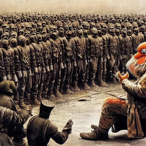 Prompt: A photo of elmo giving the troops a speech after long years of war, suffering, dark, historical moment, emotional, impressive, by Vasily Vereshchagin