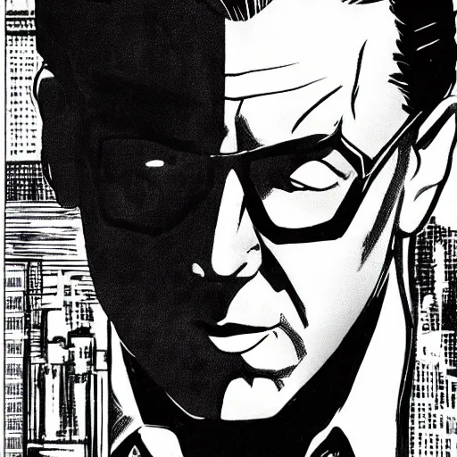 Image similar to a mafia boss with slicked back hair, in a cyberpunk setting, comic book art, art by stan lee, pen drawing, inked, black and white, dark, moody, dramatic, deep shadows, marvel comics, dc comics