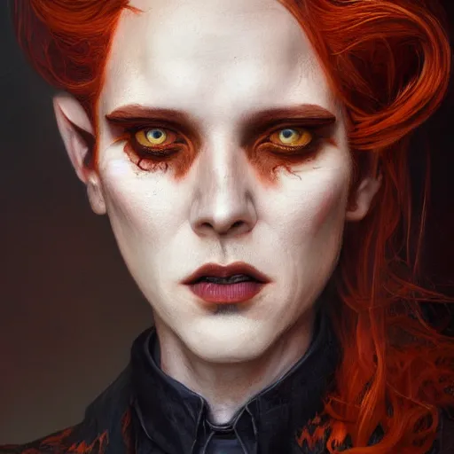 Prompt: portrait of a beautiful nonbinary actor with copper skin and messy short red hair wearing a men's suit, elf ears and yellow slitted eyes, by Gerald Brom and Ross Tran, hyper-realistic, dramatic lighting, 4K, trending on artstation