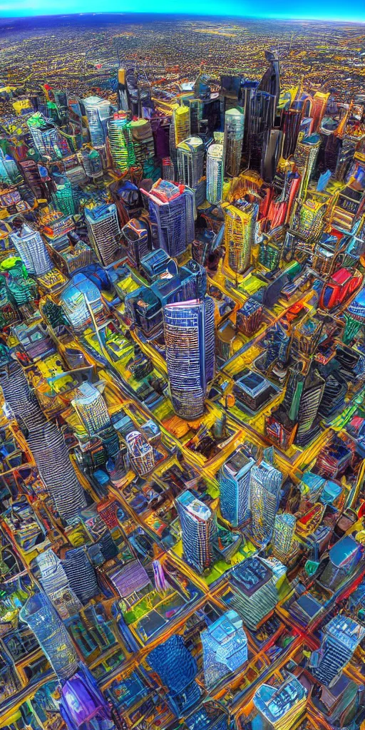 Image similar to hyper realistic photo of calgary downtown city view, 8 k, hyper realistic, fractal art, art station, coherent design, symmetrical, vivid colour, complementary colour, golden ratio, detailed, sharp lines, intricate, rainbow shift, in unreal 3 d engine, ray tracing, octane render