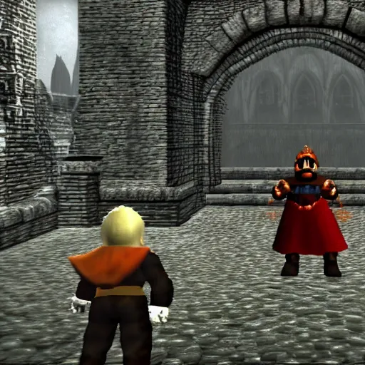 Prompt: gameplay screenshot of the game dark souls in the style of super mario 6 4, a dark souls final boss battle in anor londo in the style of super mario 6 4