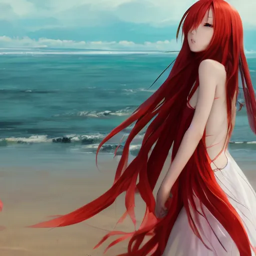 Prompt: octane render panoramic shot of a beautiful anime girl in a long white dress on a beach. Red hair, dramatic lighting, trending on artstation. Pixiv, Hyperdetailed, Ultra HD, WLOP, Rossdraws, James Jean Marc Simonetti, Ruan Jia and Mandy Jurgens and Artgerm and William-Adolphe Bouguerea, Sakimichan, Yuru camp, Illustration, digital art, concept art, manga cover