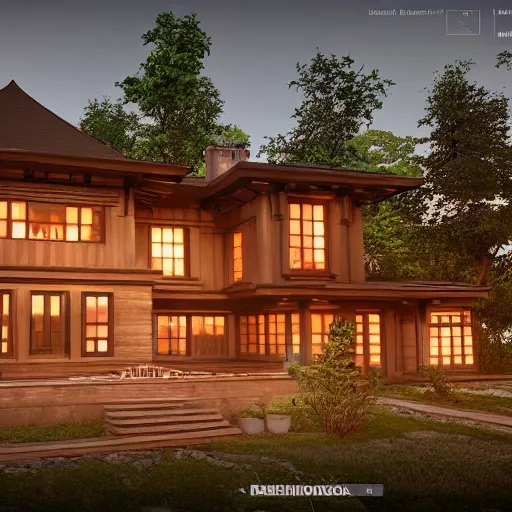 Image similar to Peaceful wooden mansion, unreal engine 5 tech demo, zillow interior, golden hour, living room, cozy, octane render, Frank Lloyd Wright ((Studio Ghibli))