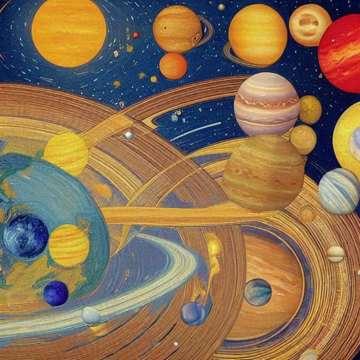 Prompt: the planet earth as a whole - a star at center - on which the sun sits at center - left - like a golden egg - around which the solar system is represented by the planets - the earth, moon, saturn, jupiter, and merlin. this is a painting of the solar system. style is art nouveau to art deco