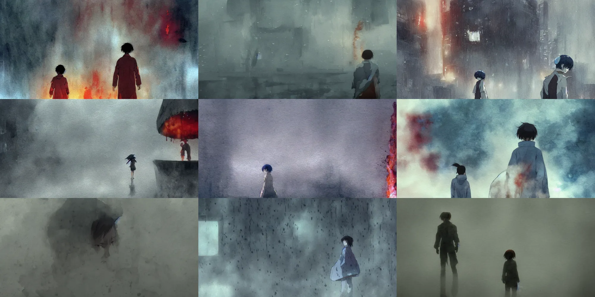 Prompt: incredible creative screenshot, cinematography, exceptional, emotional, ending scene, ( ( ( simple ) ) ) water color, paper texture, katsuhiro otomo ( ( ( ghost in the shell ) ) ) anime movie scene, girl in raincoat, thin fog, smoke, destroyed robots, crater, chasm, blazing fire, burning inferno, vertigo