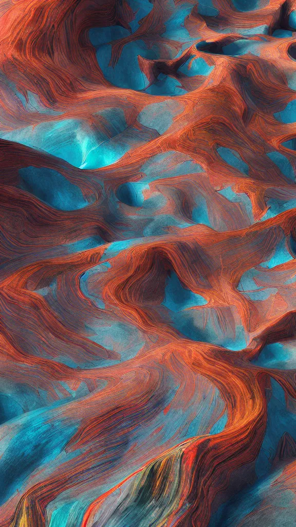 Image similar to vivid color, sedimentary schematic, organic swirling igneous rock, architectural drawing with layers of strata by James jean, geology, octane render in the style of Luis García Mozos