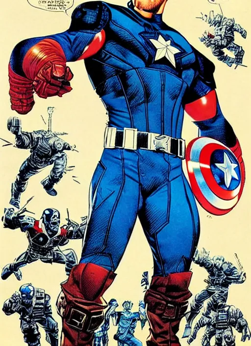 Image similar to captain america as a cyberpunk mercenary. portrait by clyde caldwell and jean giraud and anton otto fischer and john philip falter and will eisner and gil elvgren