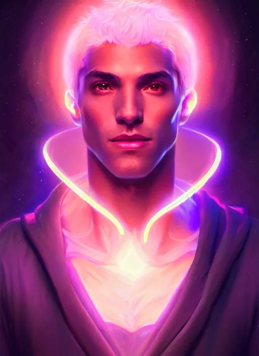 Image similar to a male faceless glowing liquefied stardust adventurer, dnd fantasy character, full body portrait, glowing neon skin, magical aura, ultra realistic, intricate, elegant, highly detailed, digital painting, artstation, smooth, sharp, focus, illustration, art by artgerm and greg rutkowski and alphonse mucha