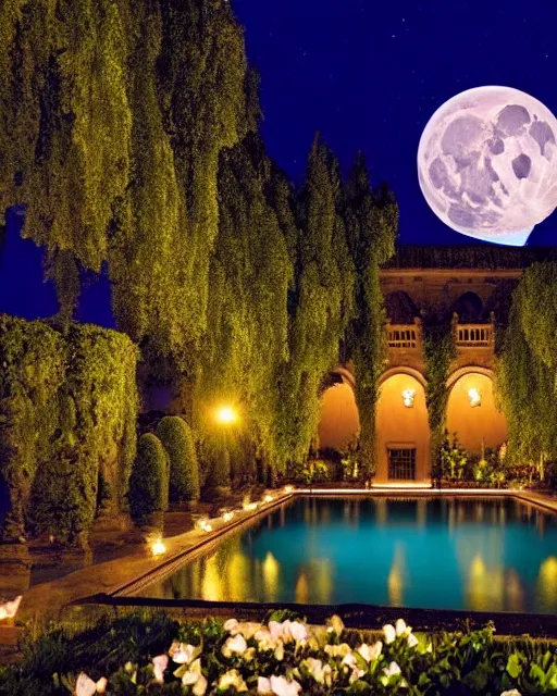 Prompt: photo of beautiful rococo courtyard under moonlight, large glowing moon, pool with reflections, weeping willows and flowers, hellenistic sculptures, romantic, archdaily,