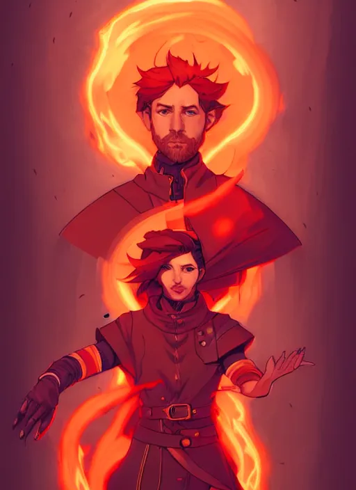 Prompt: style artgerm, joshua middleton, illustration, john krasinski as alchemist artificer wearing orange pelt light armor, anime eyes, red hair, swirling fire flames cosmos, fantasy, dnd, cinematic lighting