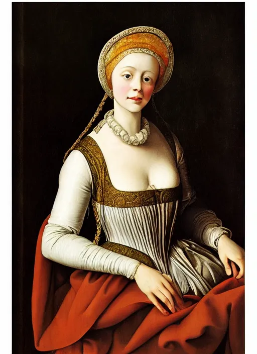 Image similar to portrait of young woman in renaissance dress and renaissance headdress, art by jean - michel folon