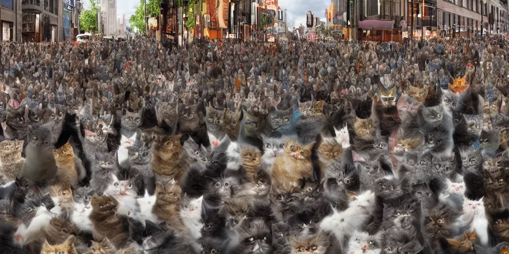 Image similar to a crowd of cats protesting in a busy street, 3d detailed, digital art