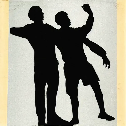 Image similar to two male silhouettes on a big theatre stage, grim