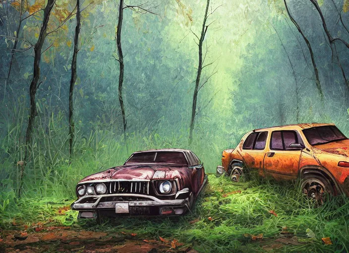 Image similar to A painting of an overgrown car in a forest, vines coming down from the tall trees, autumn, rocky ground, digital art, trending on Artstation, immaculate scale, amazing composition, cartoon illustration